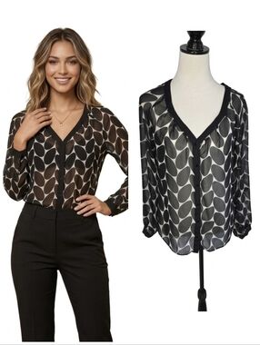 Zara Basic Sheer Black Geometric Button-Front Blouse - Women' Size Small